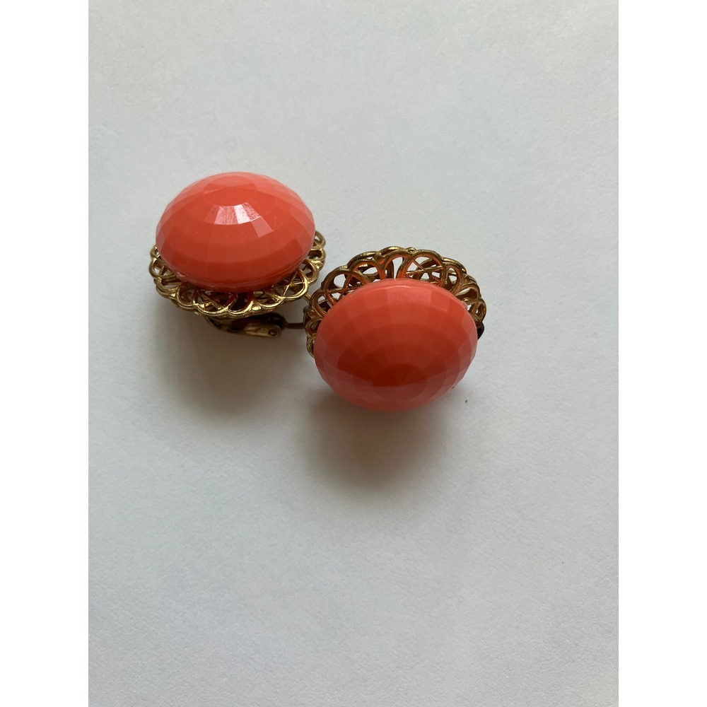 Vtg lever‎ back faceted orange acrylic button clip on earring